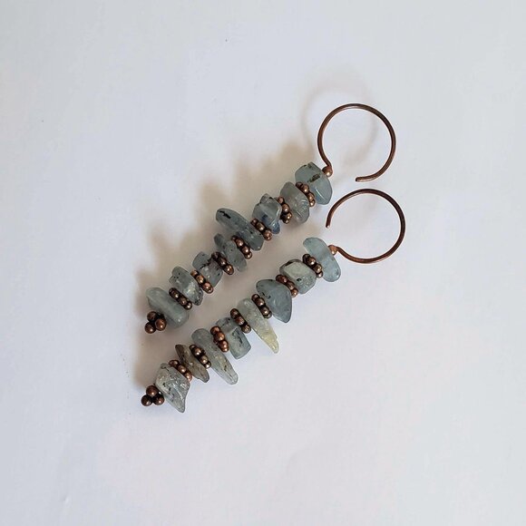 Matte KYANITE Linear Earrings in solid Copper Rustic Tribal Boho Stick - Picture 7 of 7